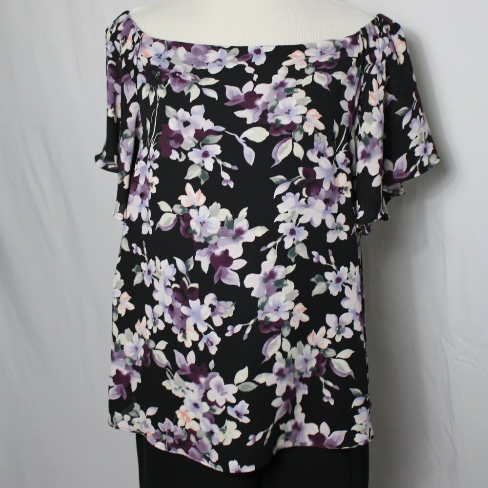 White House Black Market Black Top with Lavender Floral Print Women's Large
